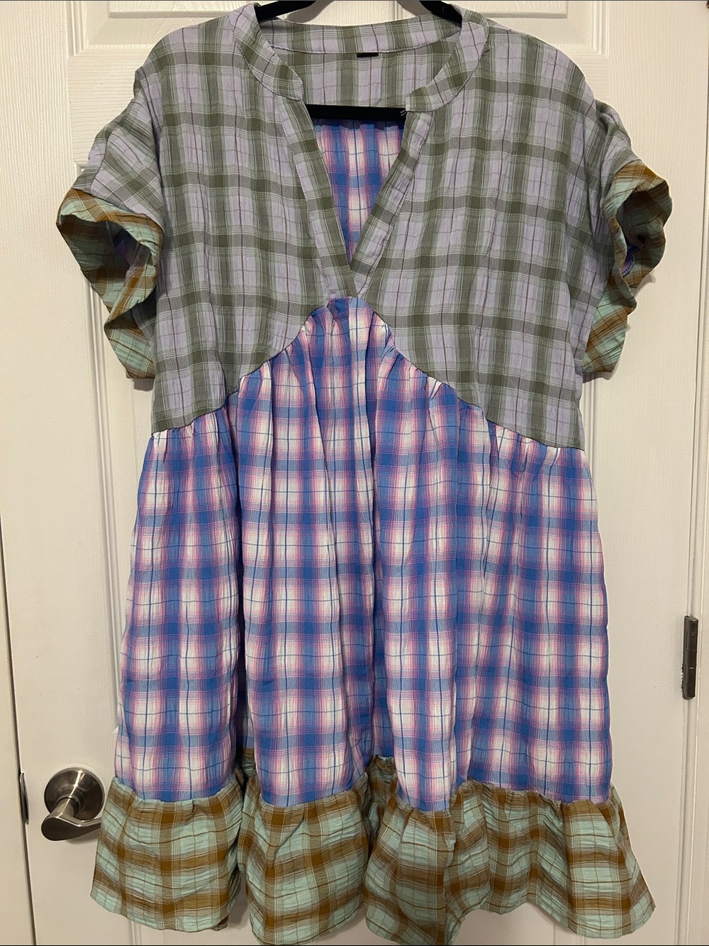 Plaid Patchwork Short-Sleeve Babydoll Dress in Green & Blue